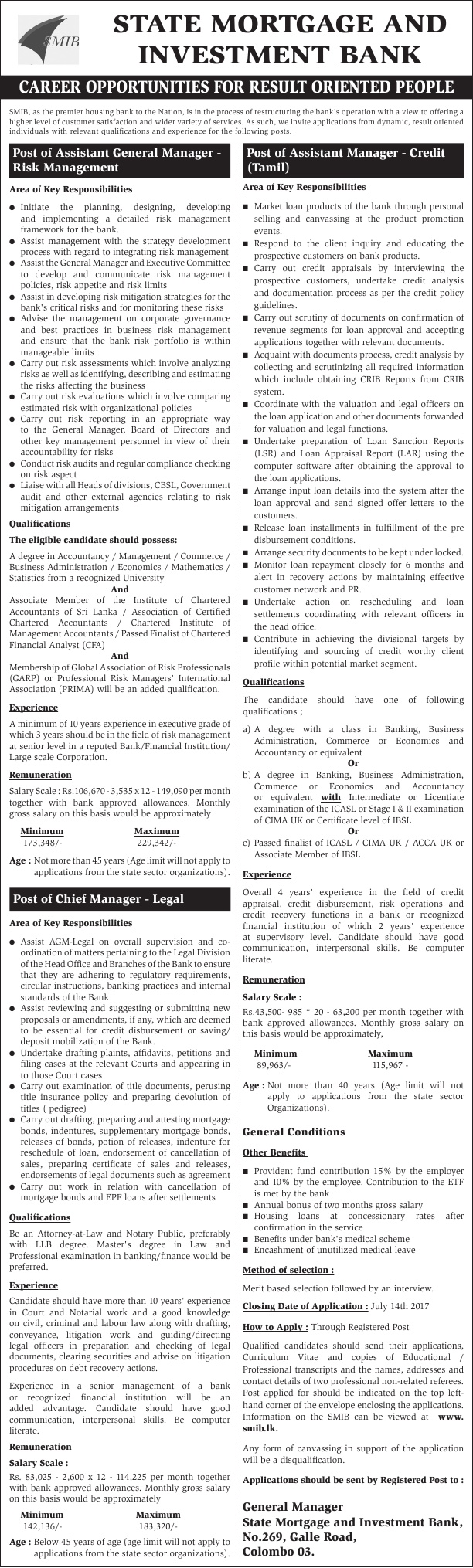 Assistant General Manager (Risk Management), Chief Manager (Legal), Assistant Manager (Credit - Tamil) - State Mortgage & Investment Bank